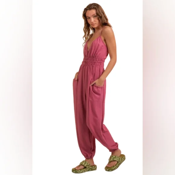 Mauve Pink Sleevless Gathered Waist Jumpsuit With Pockets - Picture 15 of 15
